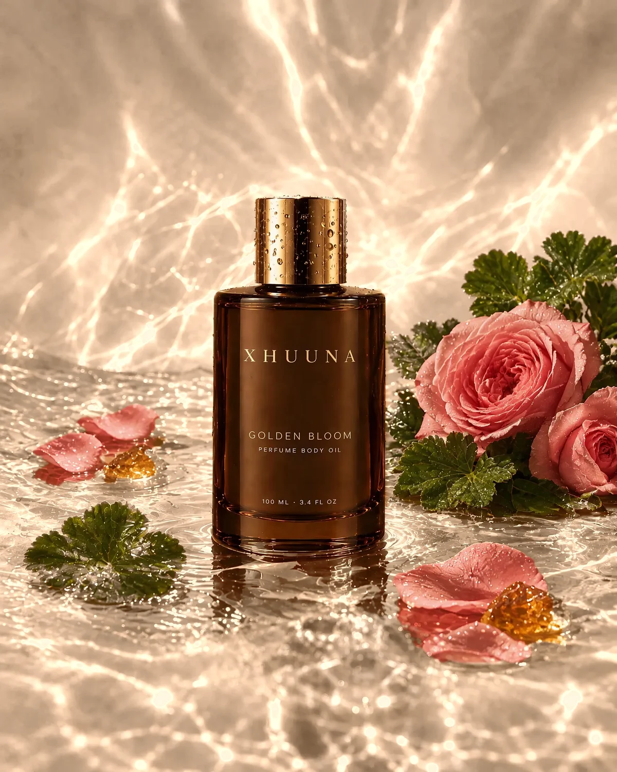 Golden Bloom perfume body oil in clear water with its botanicals