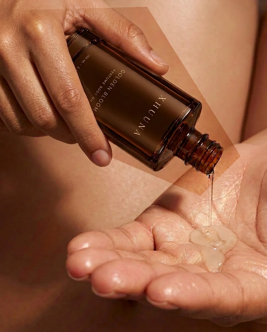 Golden Bloom perfume body oil poured into an open palm