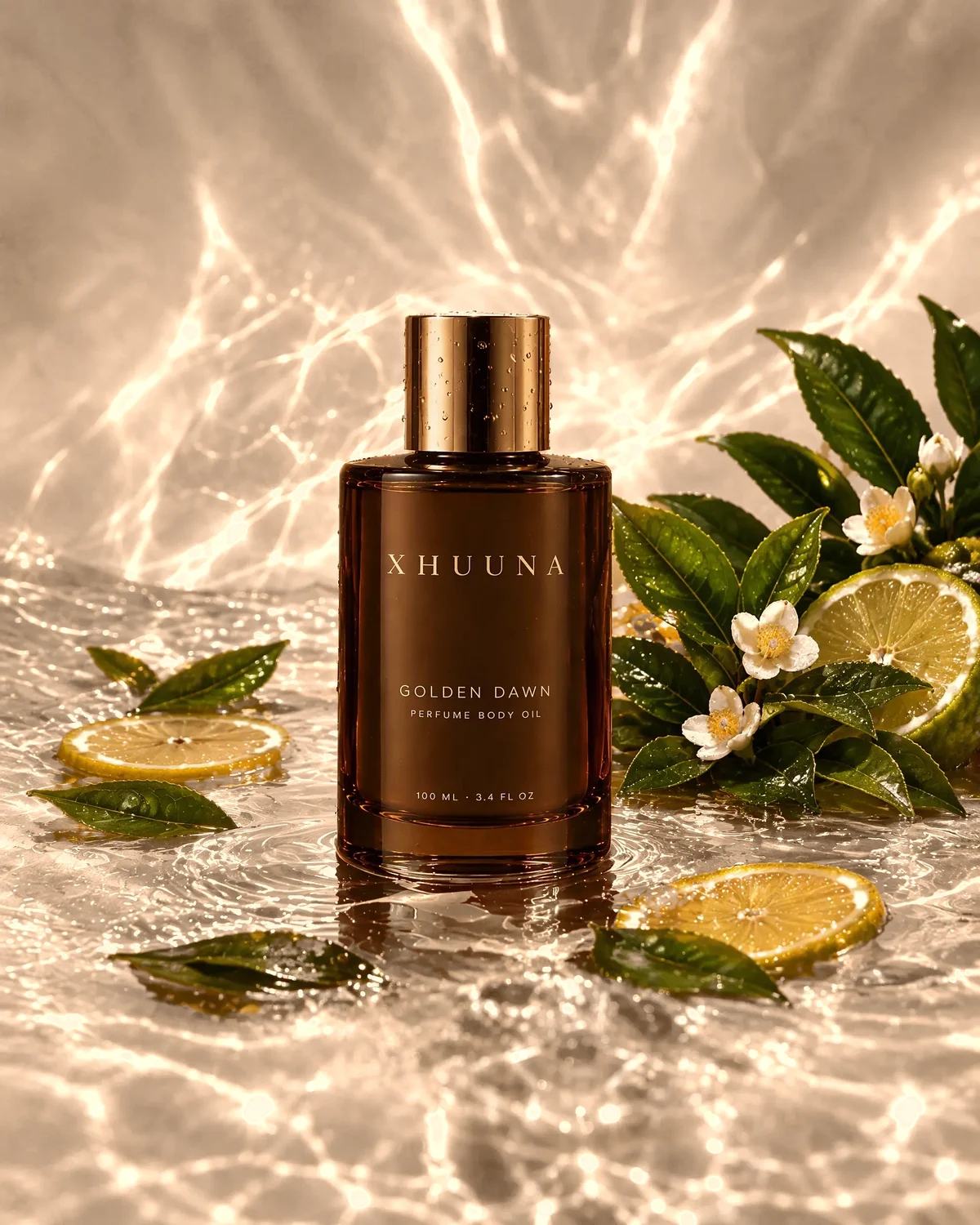 Golden Dawn perfume body oil in clear water with its botanicals