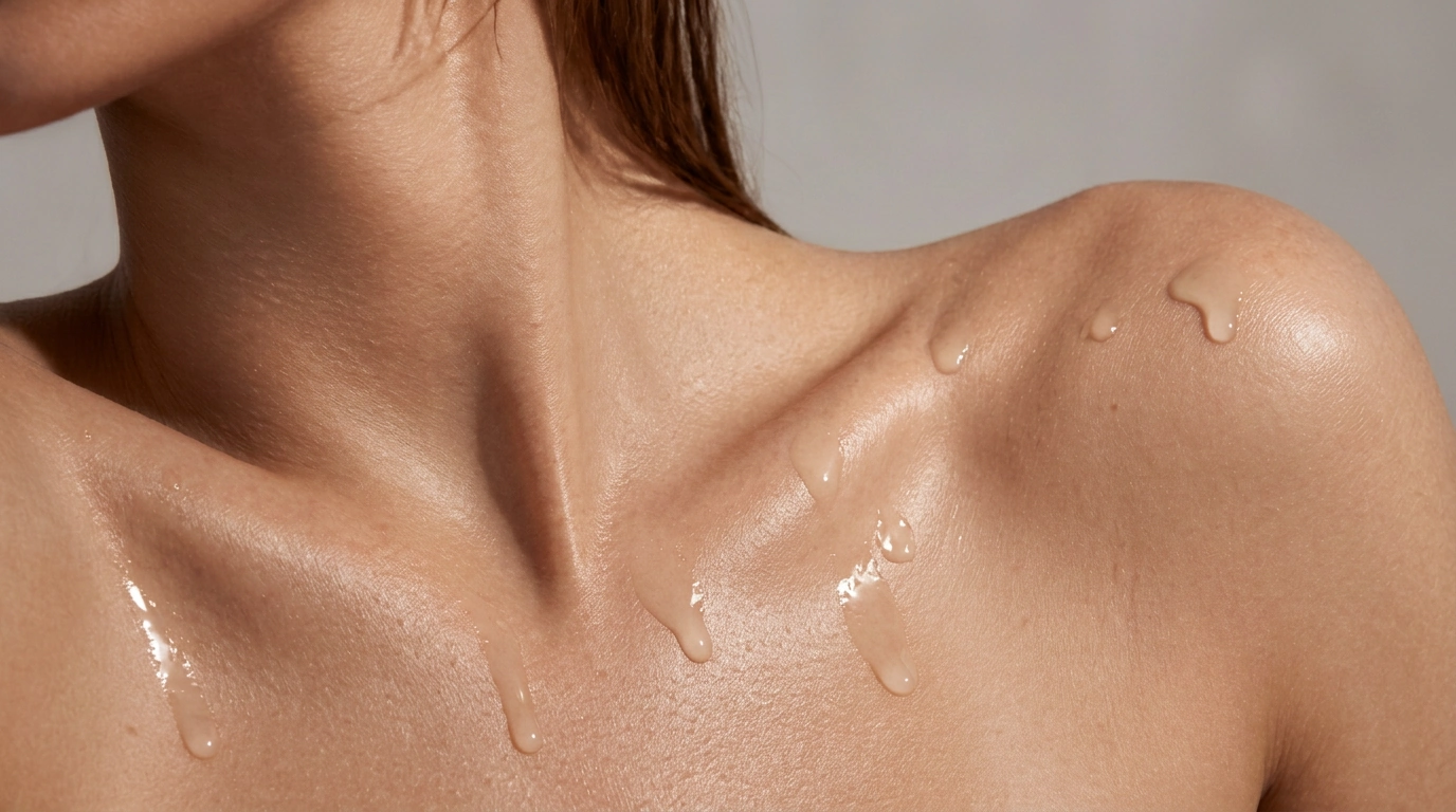 Golden Dawn perfume body oil glistening on the collarbone and shoulder