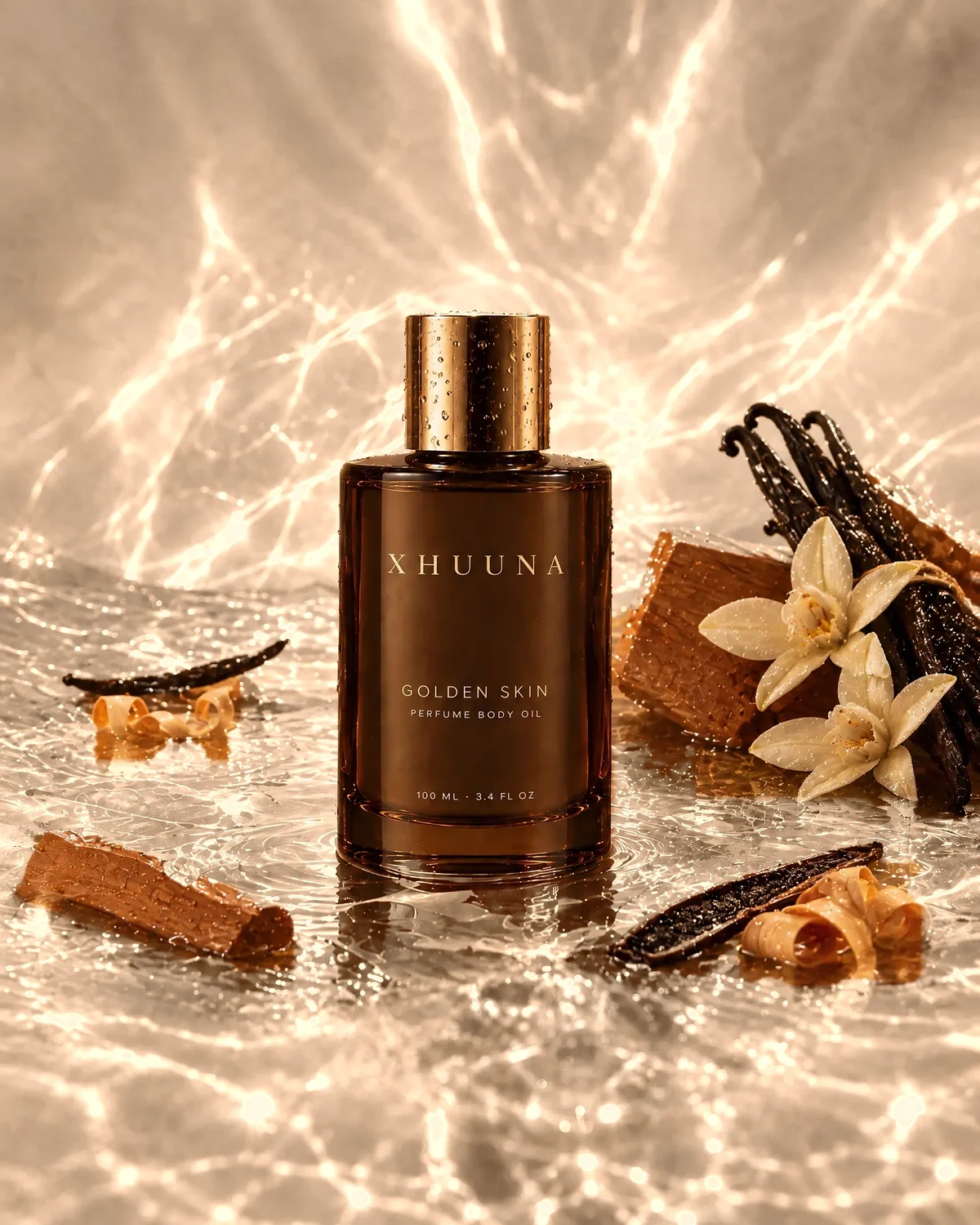 Golden Skin perfume body oil in clear water with its botanicals